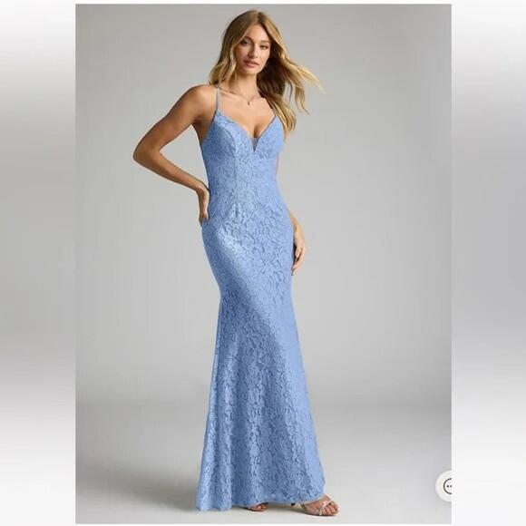 Azazie Steel Blue Maldive Lace Dress - Excellent Condition - Picture 3 of 8